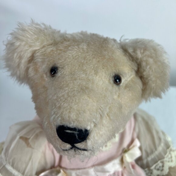 VTG articulated Teddy Bear In Pink Dress With Lace Movable Head Arms Legs Clara - Picture 8 of 8